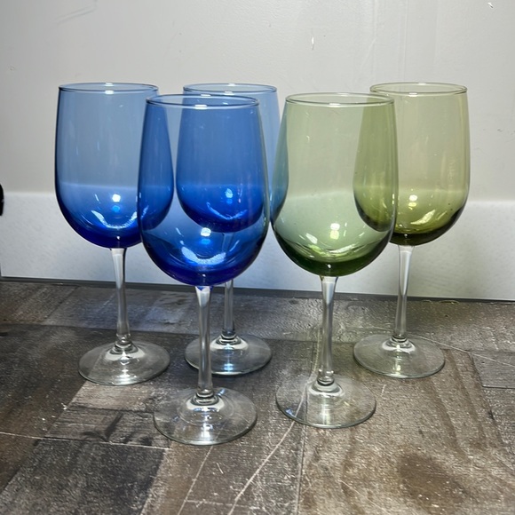 Dining Vintage Large 3 Blue And 2 Green Wine Glasses Set Of 5 Poshmark
